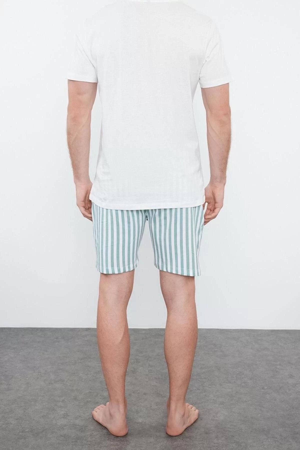 Men's 100% Cotton Crew Neck Short Sleeve Ecru Striped Regular Fit Couple Knitted Shorts Pajama Set