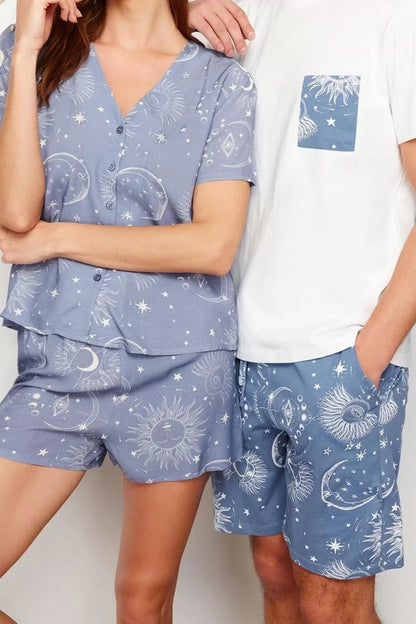 Men's 100% Cotton Crew Neck Short Sleeve Blue Printed Regular Fit Couple Knitted Shorts Pajama Set