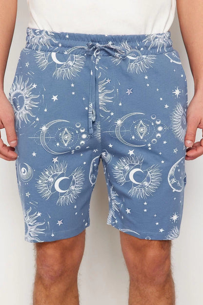 Men's 100% Cotton Crew Neck Short Sleeve Blue Printed Regular Fit Couple Knitted Shorts Pajama Set