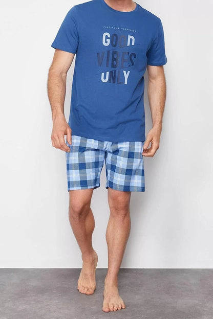 Men's 100% Cotton Crew Neck Short Sleeve Indigo Plaid Regular Fit Knitted Shorts Pajama Set