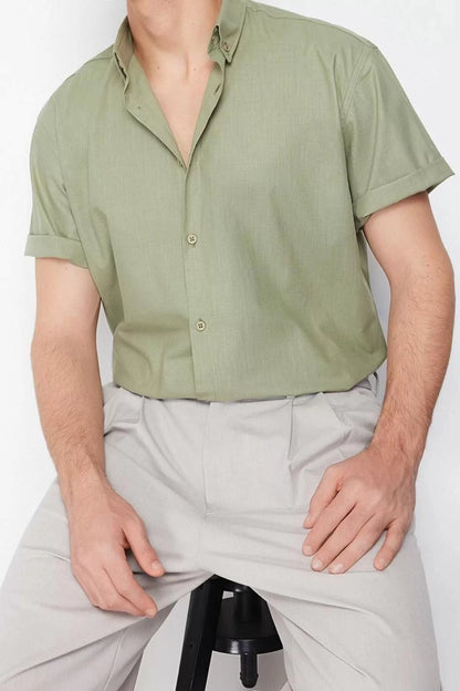 Men's Fashion Short Sleeve Woven Khaki Oversize Fit Shirt Collar Short Sleeve 100% Cotton Shirt