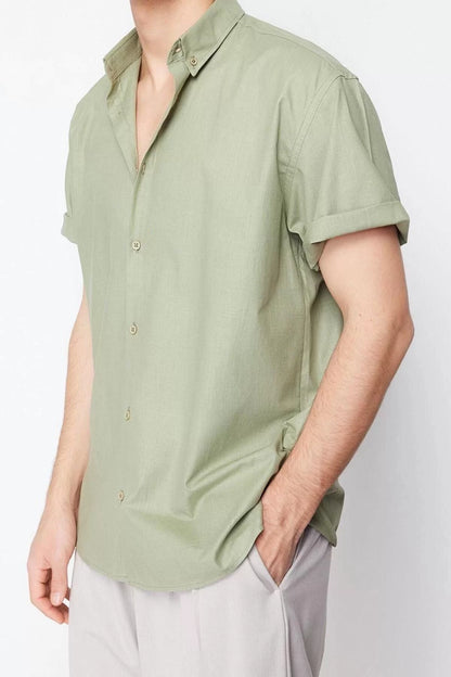 Men's Fashion Short Sleeve Woven Khaki Oversize Fit Shirt Collar Short Sleeve 100% Cotton Shirt