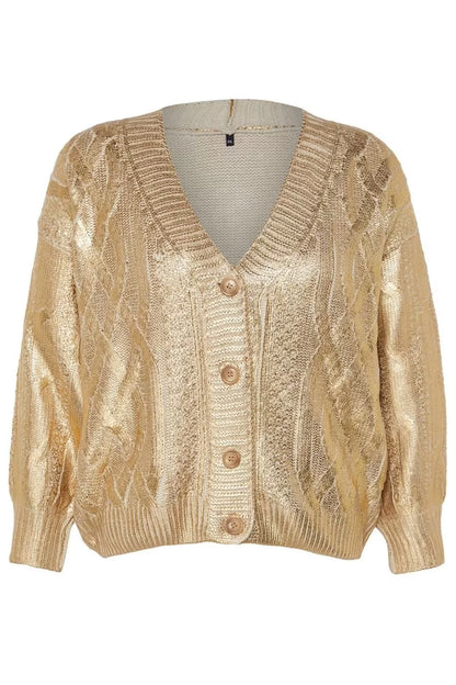 Women Fashion Stylish Plus Size Regular V Neck Relaxed Gold Plated Hair Knitted Sweater Cardigan