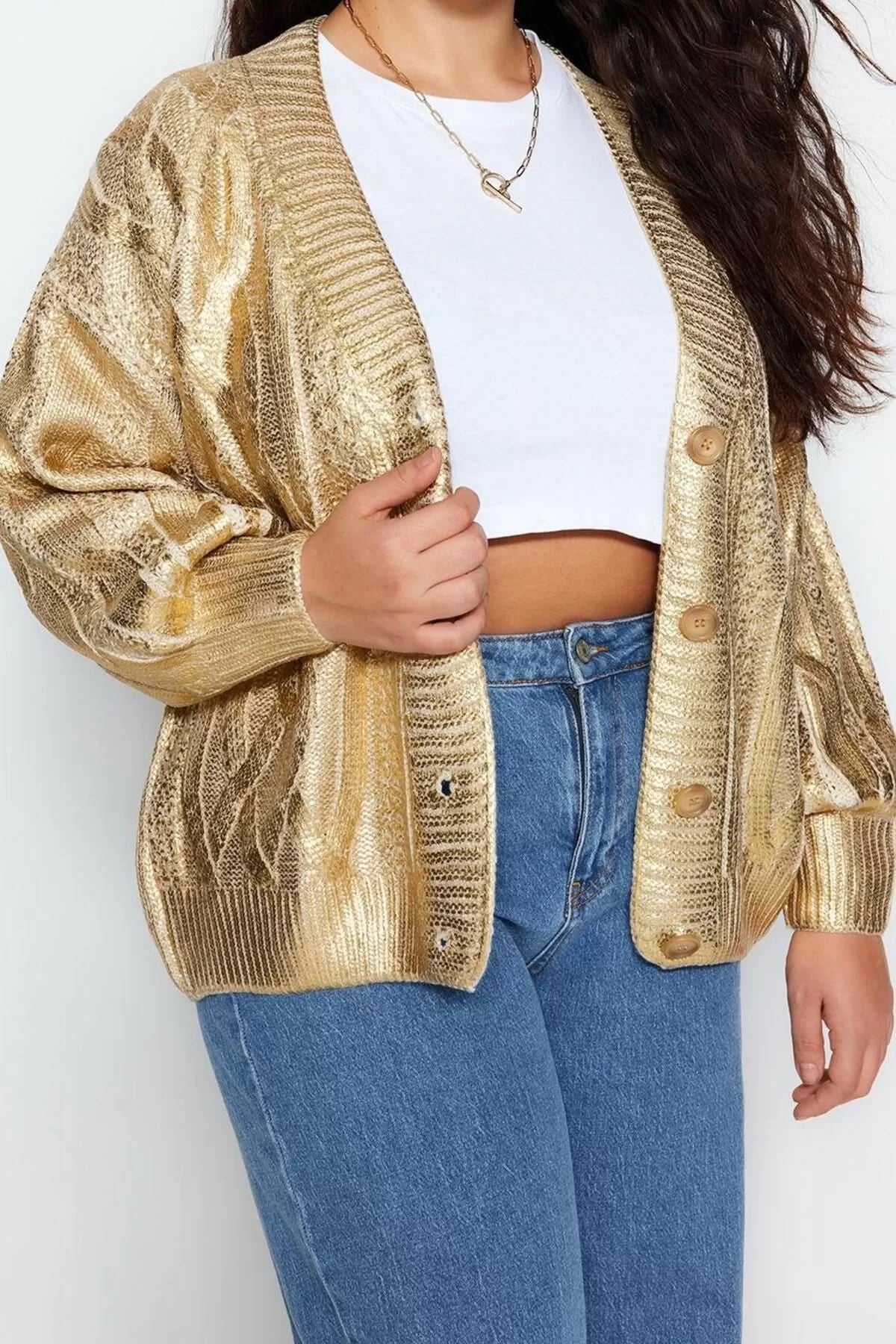 Women Fashion Stylish Plus Size Regular V Neck Relaxed Gold Plated Hair Knitted Sweater Cardigan