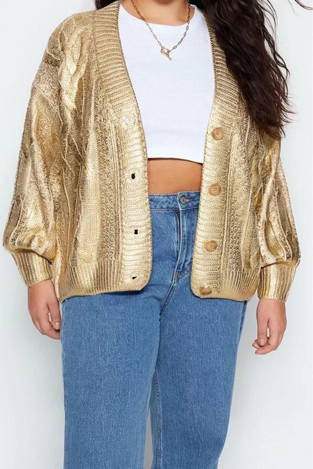 Women Fashion Stylish Plus Size Regular V Neck Relaxed Gold Plated Hair Knitted Sweater Cardigan