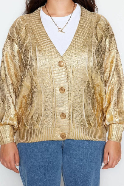 Women Fashion Stylish Plus Size Regular V Neck Relaxed Gold Plated Hair Knitted Sweater Cardigan