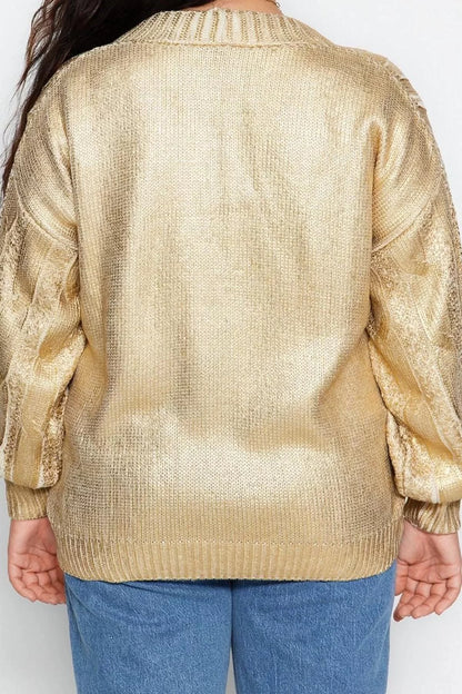 Women Fashion Stylish Plus Size Regular V Neck Relaxed Gold Plated Hair Knitted Sweater Cardigan