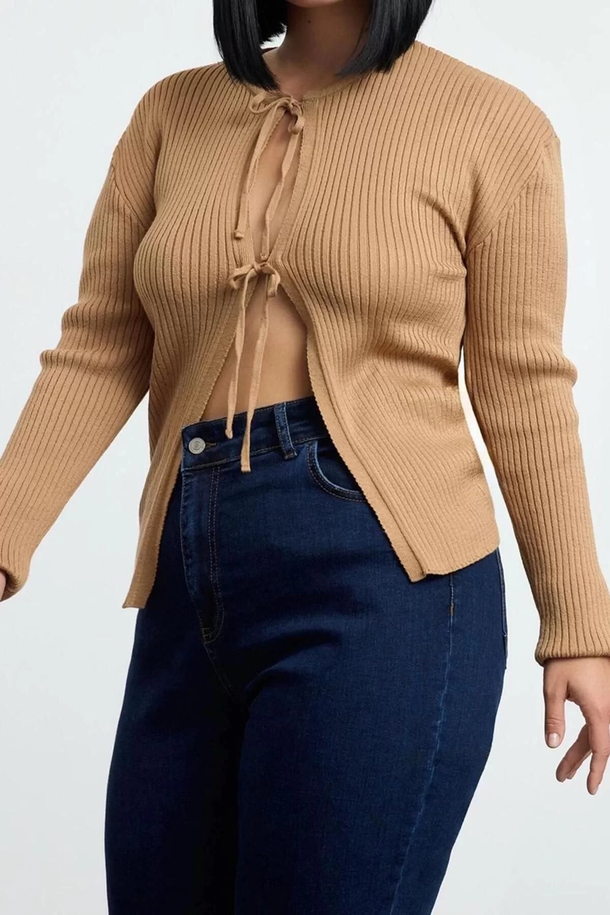 Women Fashion Stylish Plus Size Regular Crew Neck Regular Ribbed Tie Soft Touch Knitwear Cardigan