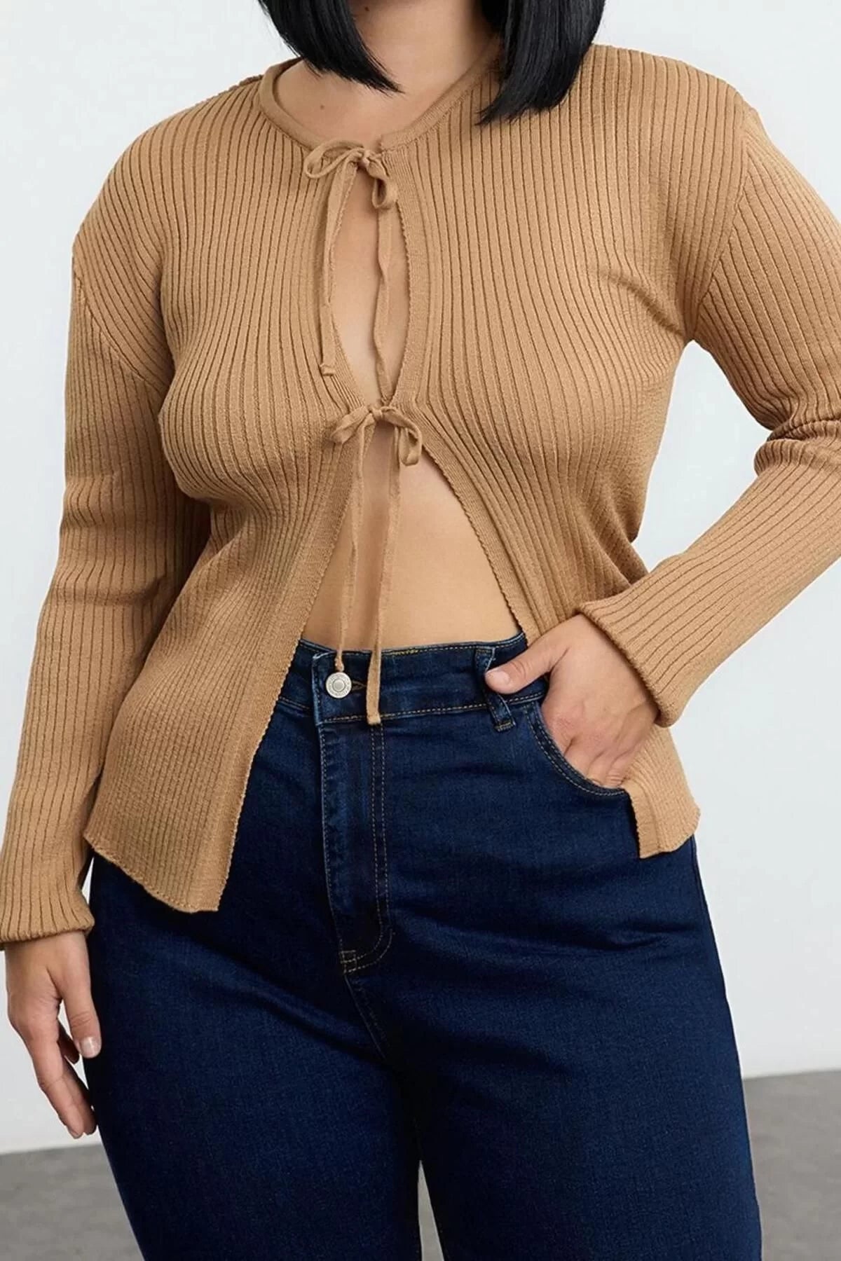 Women Fashion Stylish Plus Size Regular Crew Neck Regular Ribbed Tie Soft Touch Knitwear Cardigan