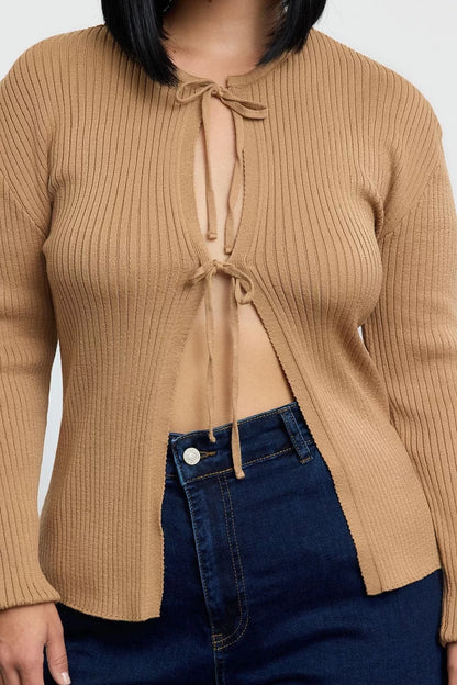 Women Fashion Stylish Plus Size Regular Crew Neck Regular Ribbed Tie Soft Touch Knitwear Cardigan