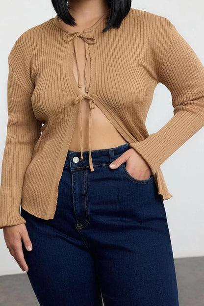 Women Fashion Stylish Plus Size Regular Crew Neck Regular Ribbed Tie Soft Touch Knitwear Cardigan