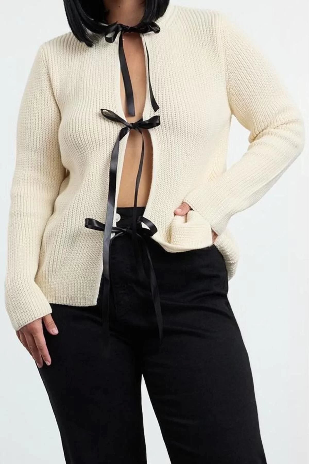 Women Fashion Stylish Plus Size Regular Crew Neck Regular Ribbon Tied Crop Knitwear Cardigan