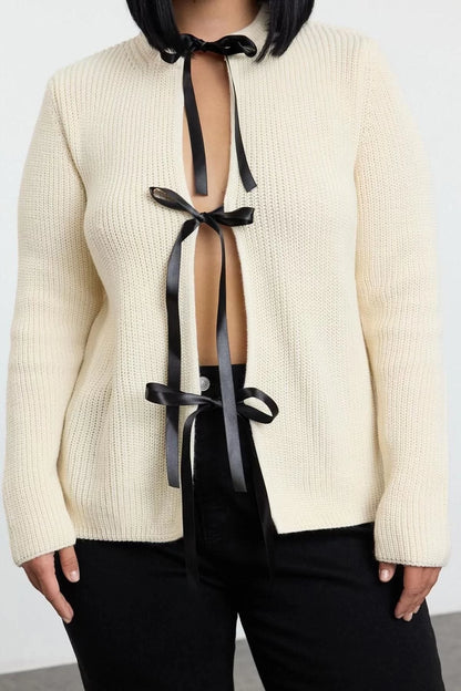 Women Fashion Stylish Plus Size Regular Crew Neck Regular Ribbon Tied Crop Knitwear Cardigan