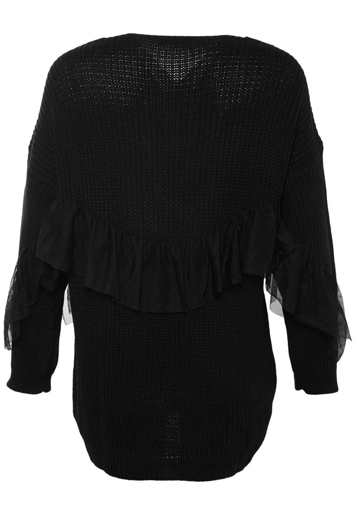 Women Fashion Stylish Midi V Neck Regular Midi Tulle Detailed Knitwear Cardigan