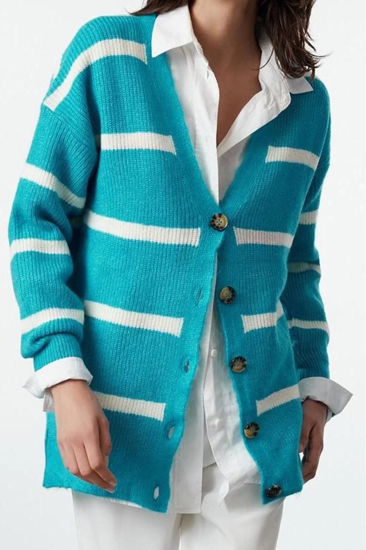 Women Fashion Stylish Midi V Neck Oversize Wide Pattern Soft Texture Striped Knitwear Cardigan