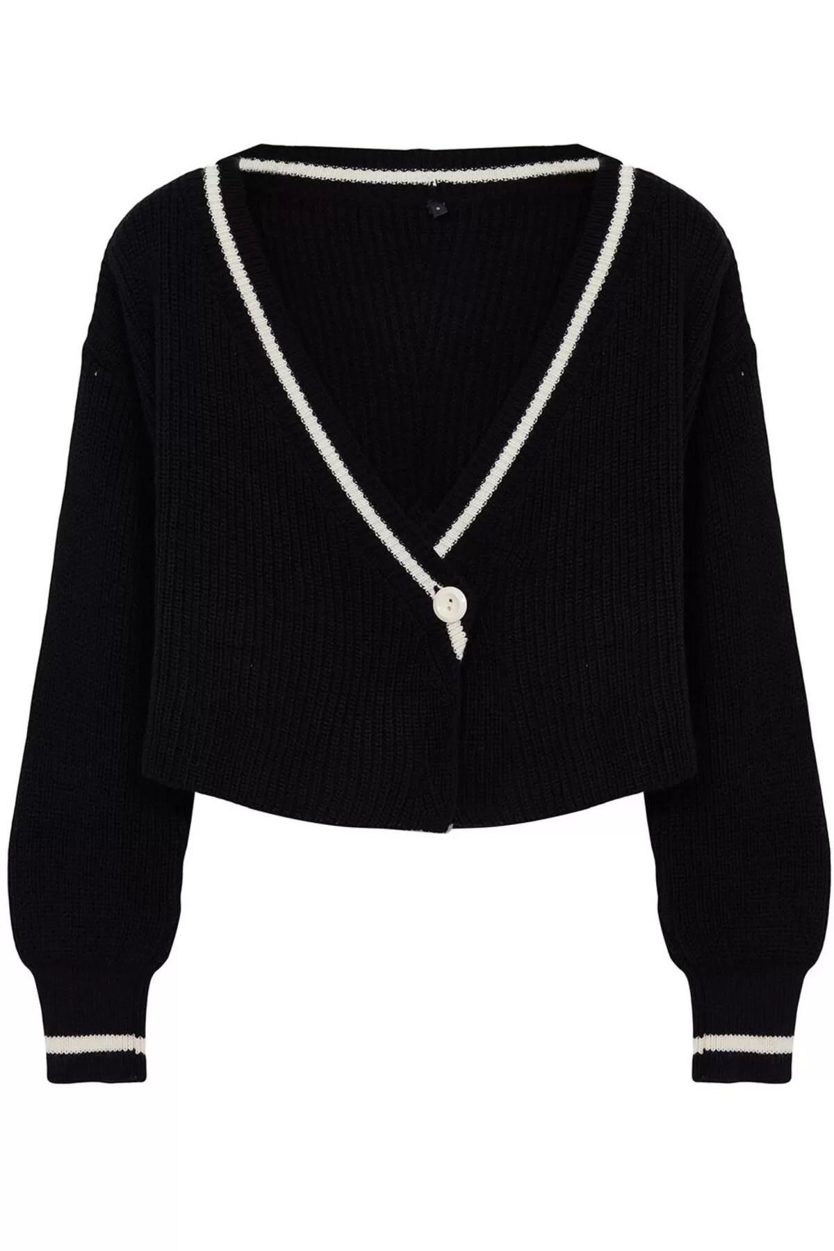 Women Fashion Stylish Crop Double Breasted Regular Crop Color Block Knitwear Cardigan