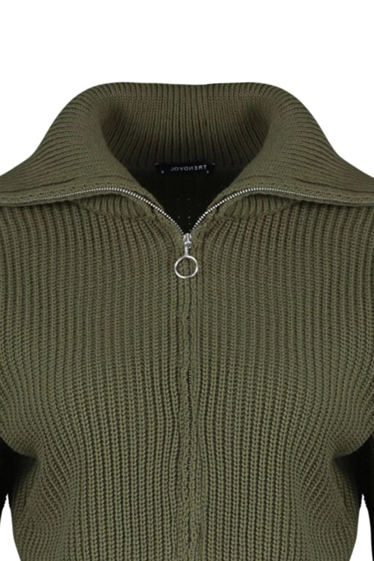 Women Fashion Stylish Crop Stand Collar Regular Crop Zippered Knitwear Cardigan