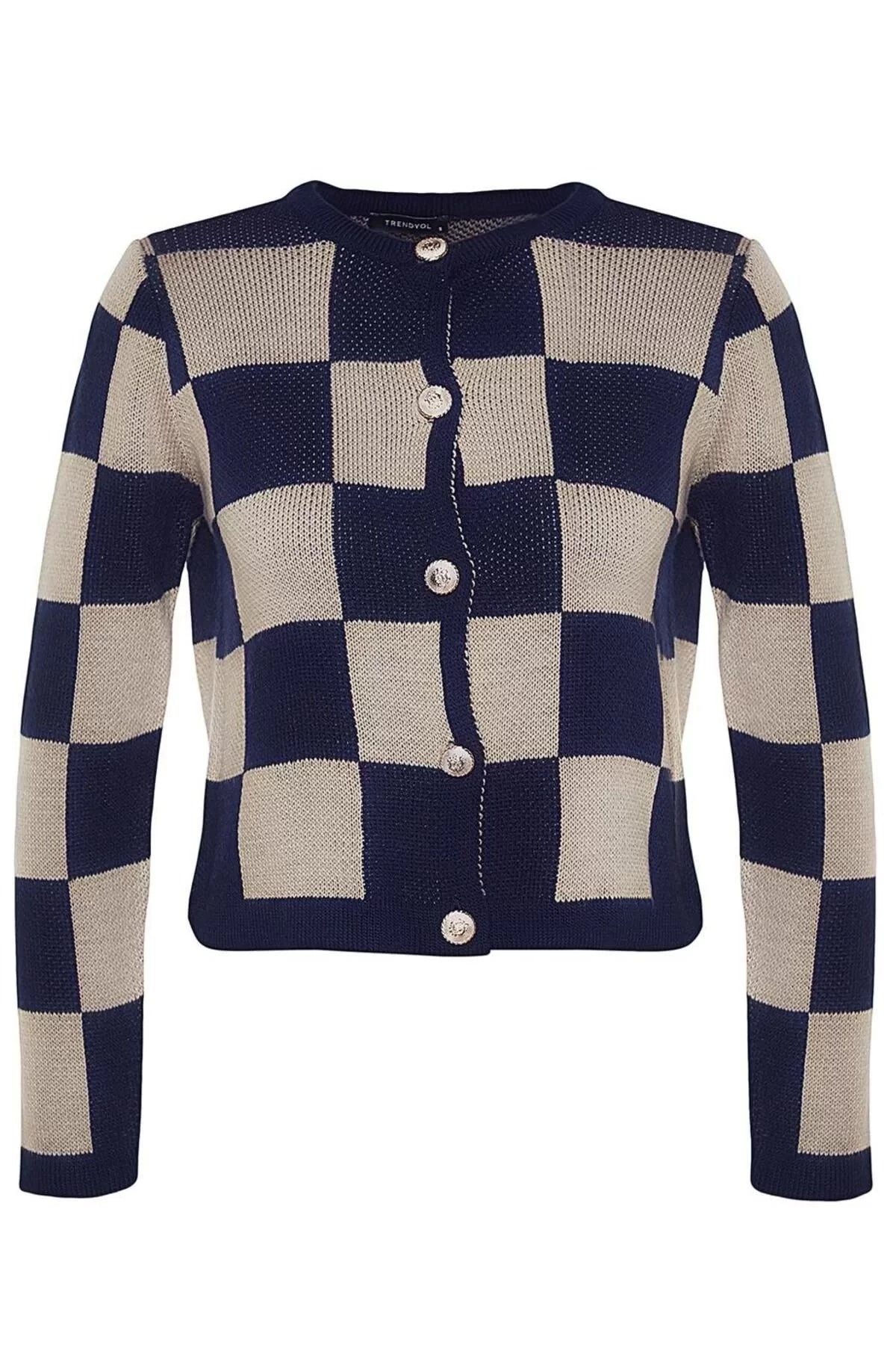 Women Fashion Stylish Regular Crew Neck Regular Plaid Checked Jacket Look Knitwear Cardigan