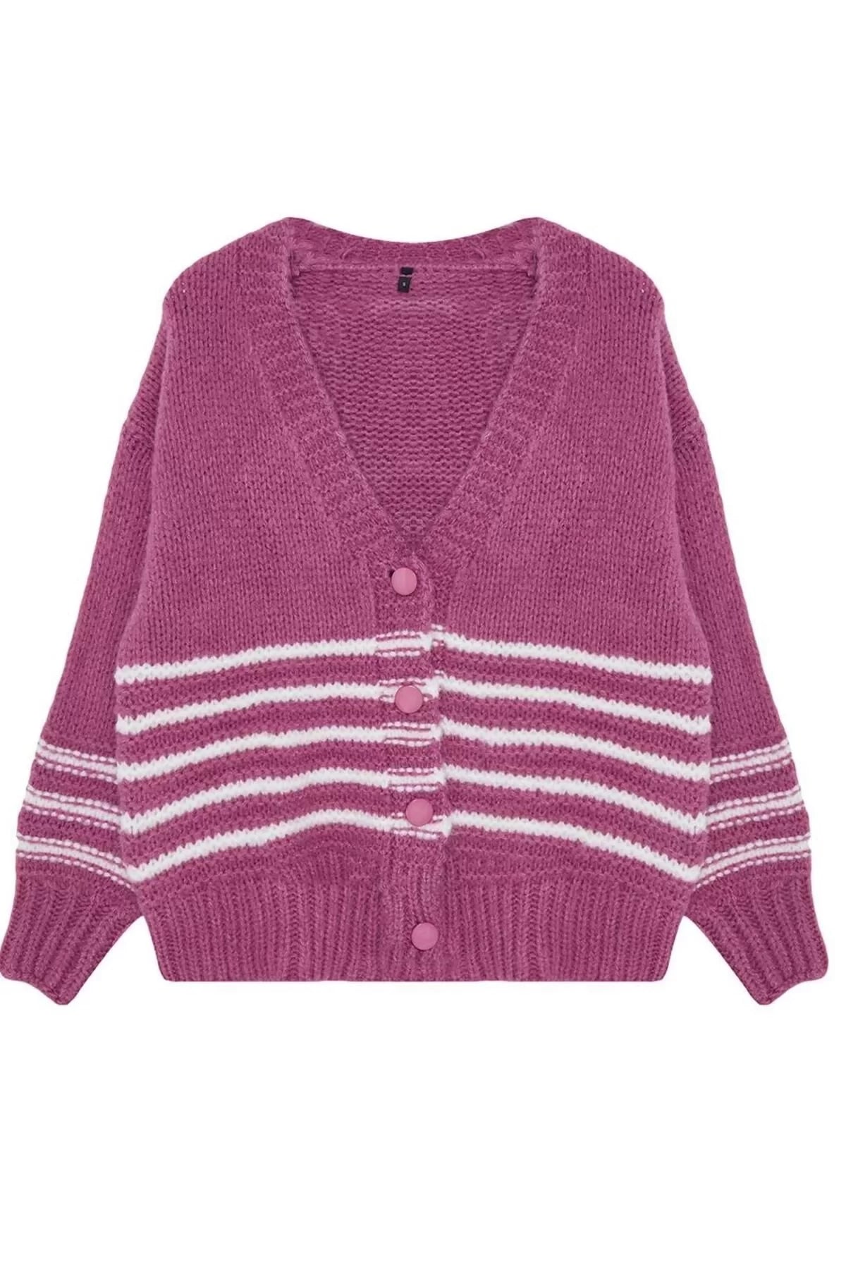 Women Fashion Stylish Regular V Neck Regular Soft Texture Striped Knitwear Cardigan