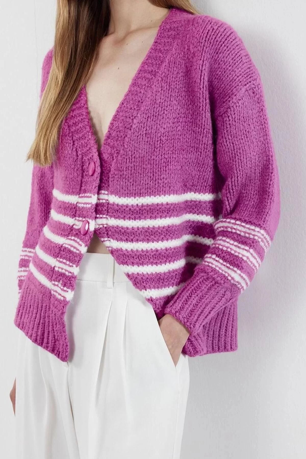 Women Fashion Stylish Regular V Neck Regular Soft Texture Striped Knitwear Cardigan