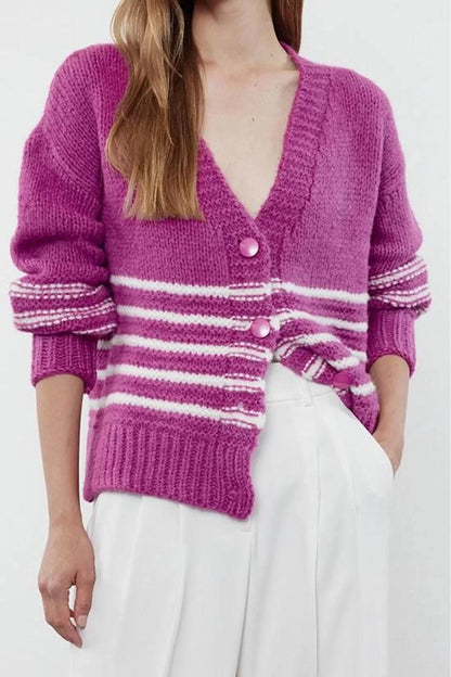 Women Fashion Stylish Regular V Neck Regular Soft Texture Striped Knitwear Cardigan