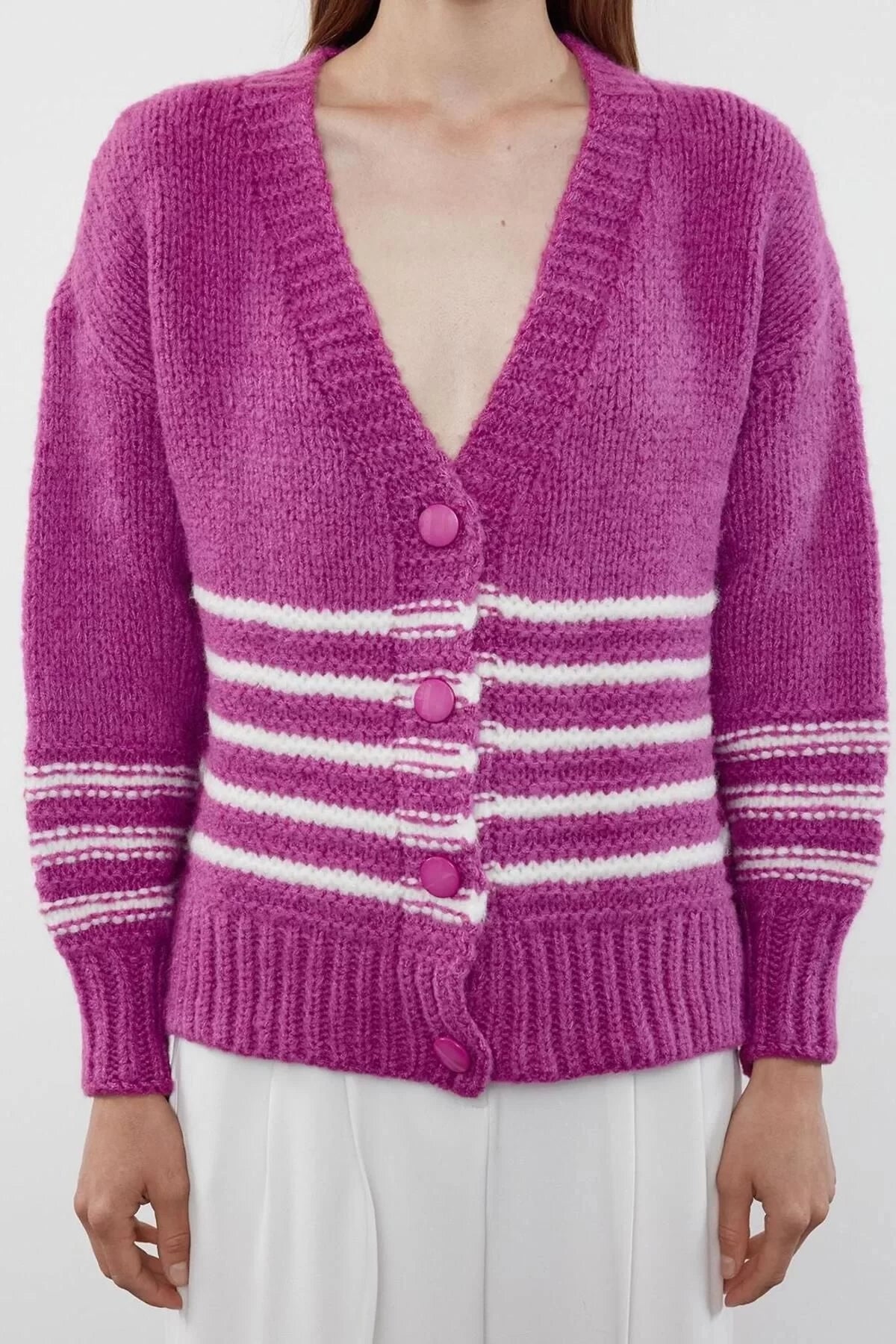 Women Fashion Stylish Regular V Neck Regular Soft Texture Striped Knitwear Cardigan