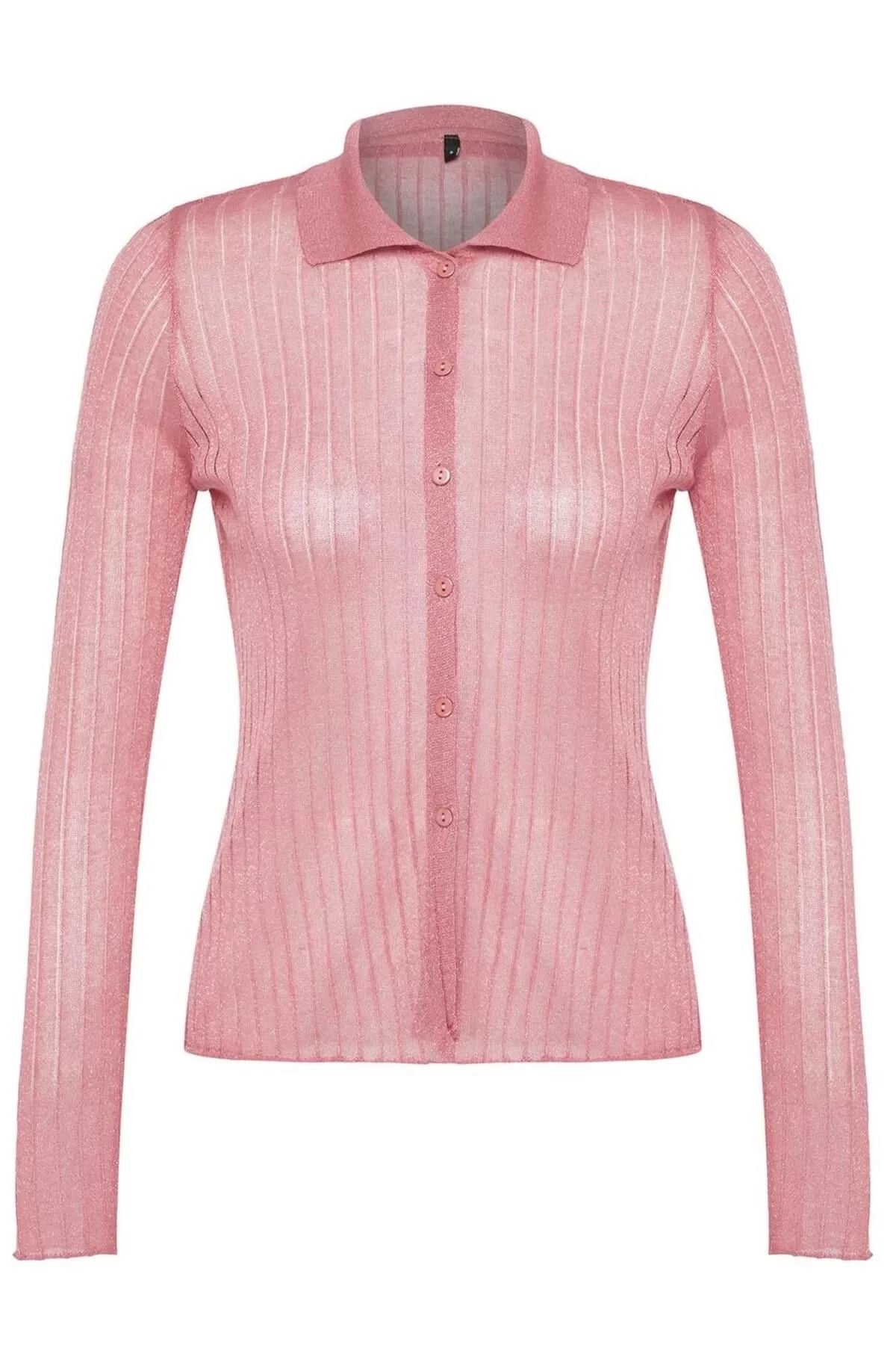 Women Fashion Stylish Regular Polo Collar Slim Premium Quality Transparent Look Knitwear Cardigan