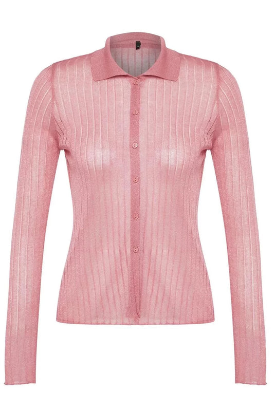 Women Fashion Stylish Regular Polo Collar Slim Premium Quality Transparent Look Knitwear Cardigan