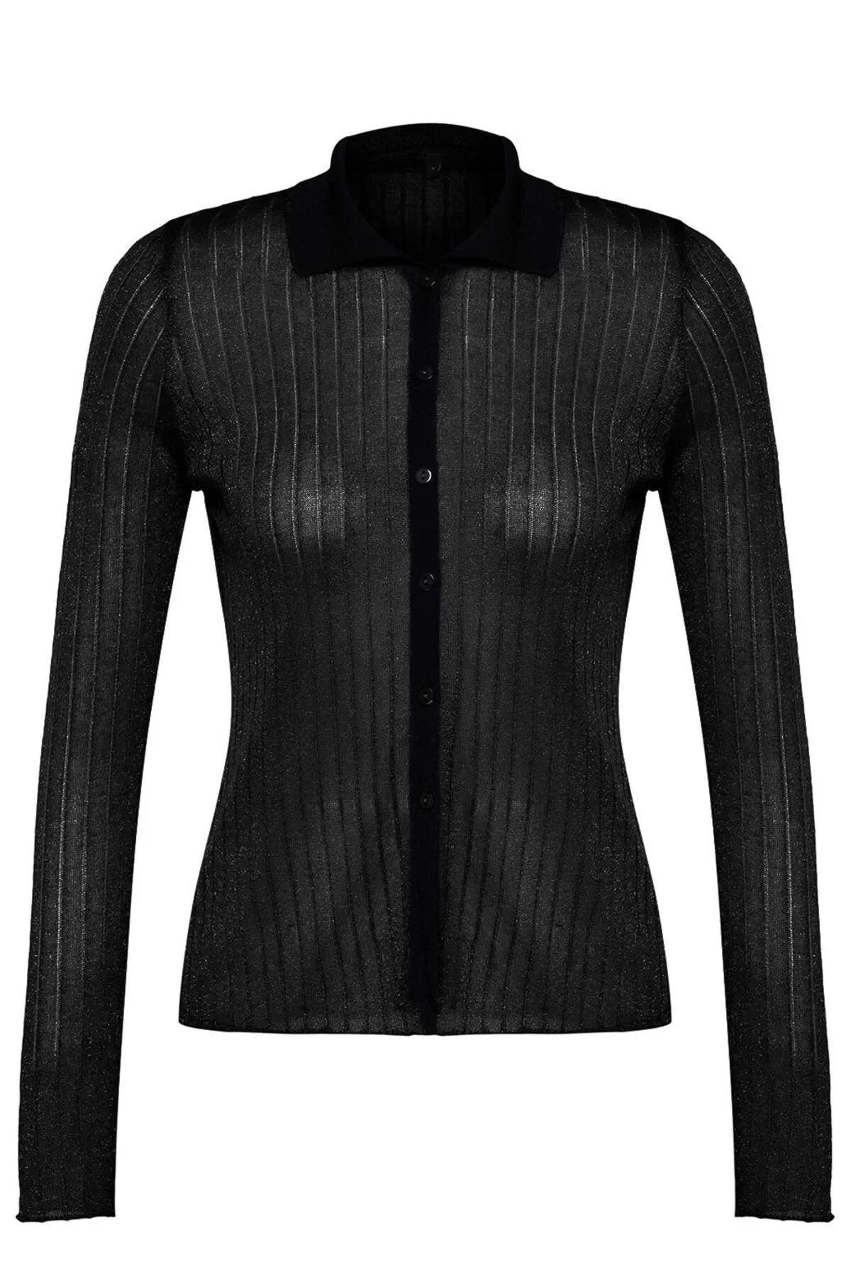 Women Fashion Stylish Regular Polo Collar Slim Premium Quality Transparent Look Knitwear Cardigan