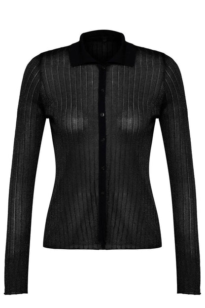 Women Fashion Stylish Regular Polo Collar Slim Premium Quality Transparent Look Knitwear Cardigan