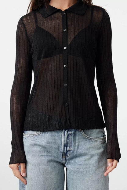 Women Fashion Stylish Regular Polo Collar Slim Premium Quality Transparent Look Knitwear Cardigan