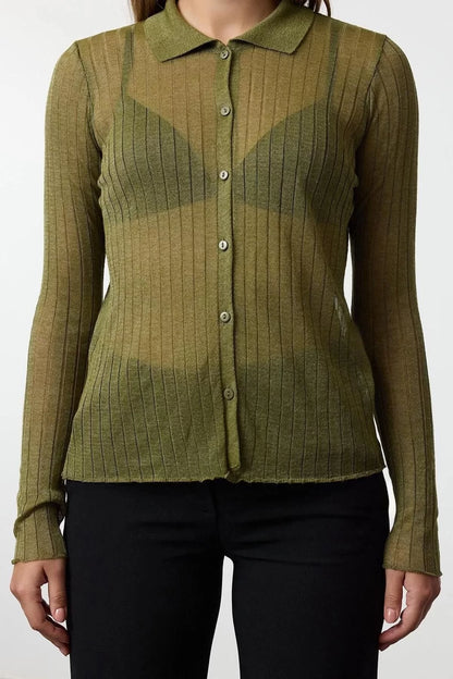 Women Fashion Stylish Regular Polo Collar Slim Premium Quality Transparent Look Knitwear Cardigan