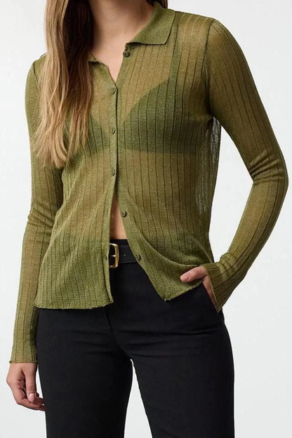 Women Fashion Stylish Regular Polo Collar Slim Premium Quality Transparent Look Knitwear Cardigan