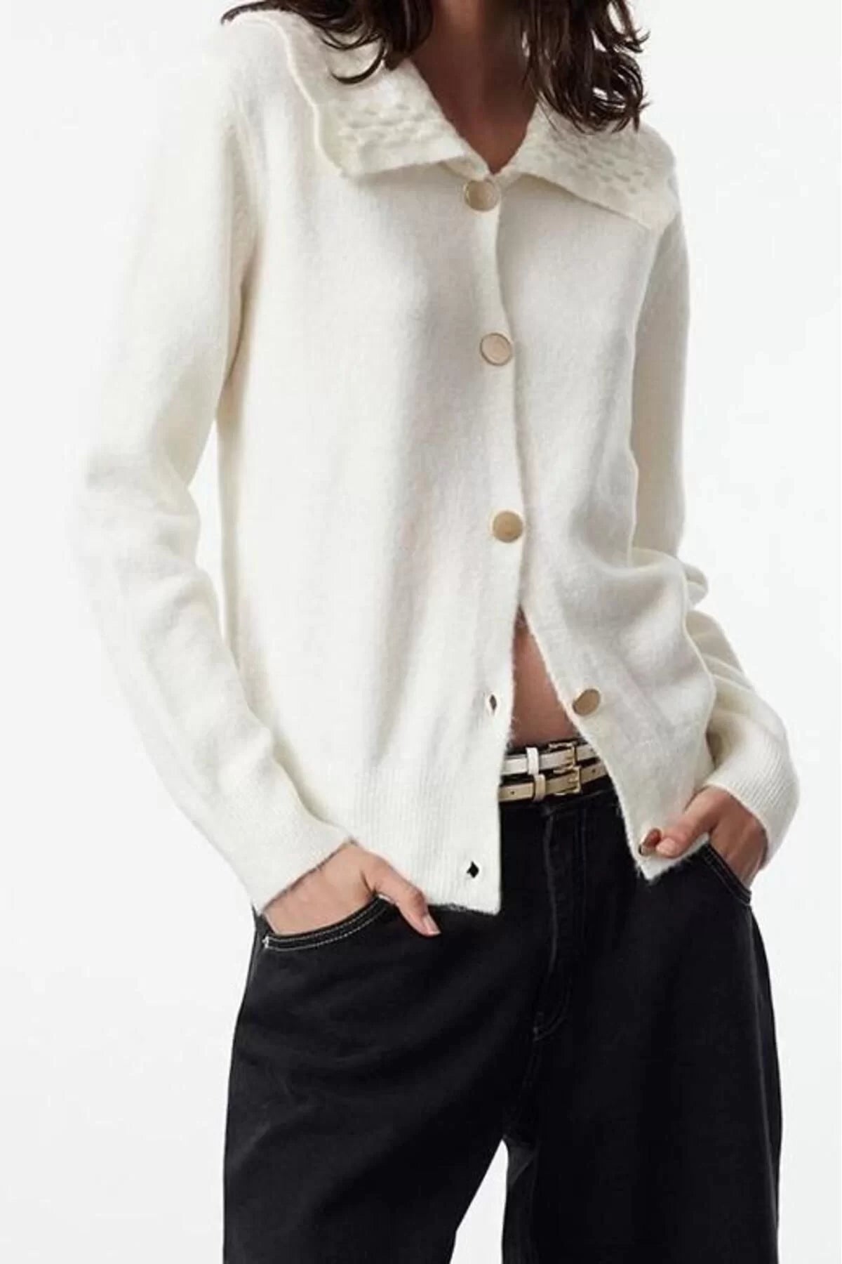 Women Fashion Stylish Regular Turn-down Collar Regular Polo Collar Soft Textured Knitwear Cardigan