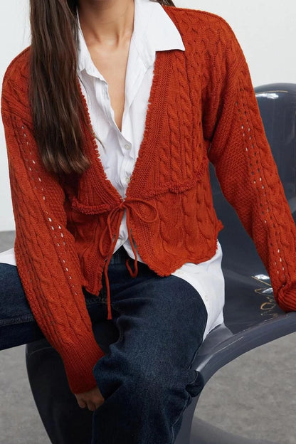 Women Fashion Stylish Crop V Neck Regular Crop Tie Detail Knitwear Cardigan