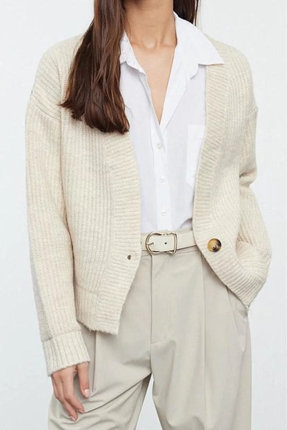 Women Fashion Stylish Regular V Neck Regular Deep Neck Soft Textured Knitwear Cardigan