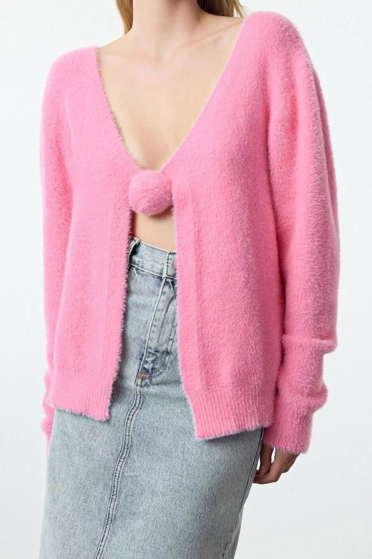 Women Fashion Stylish Regular V Neck Regular Feathered Rose Detailed Knitwear Cardigan