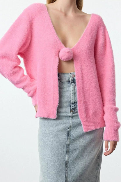 Women Fashion Stylish Regular V Neck Regular Feathered Rose Detailed Knitwear Cardigan