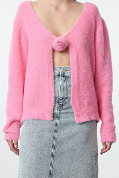 Women Fashion Stylish Regular V Neck Regular Feathered Rose Detailed Knitwear Cardigan