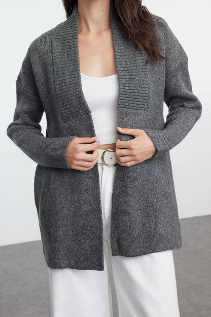 Women Fashion Stylish Midi Shawl Collar Oversize Wide Pattern Soft Texture Knitwear Cardigan