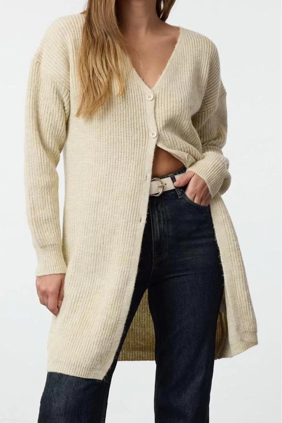 Women Fashion Stylish Midi V Neck Regular Long Basic Knitwear Cardigan