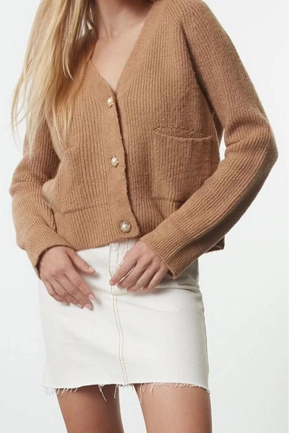 Women Fashion Stylish Regular V Neck Regular V Neck Pocket Knitwear Cardigan