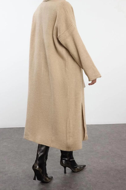 Women Fashion Stylish Maxi Shawl Collar Regular Soft Texture Thick Basic Coat Look Knitwear Cardigan