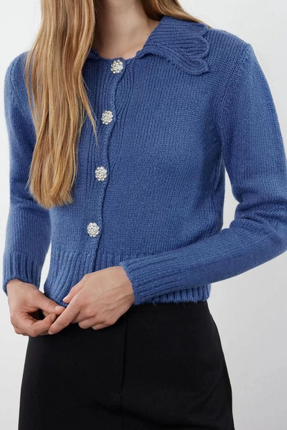 Women Fashion Stylish Crop Polo Neck Regular Crop Soft Texture Jewel Button Knitwear Cardigan