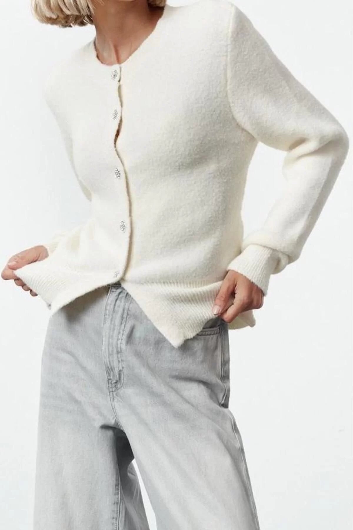 Women Fashion Stylish Regular Crew Neck Regular Extra Soft Textured Knitwear Cardigan