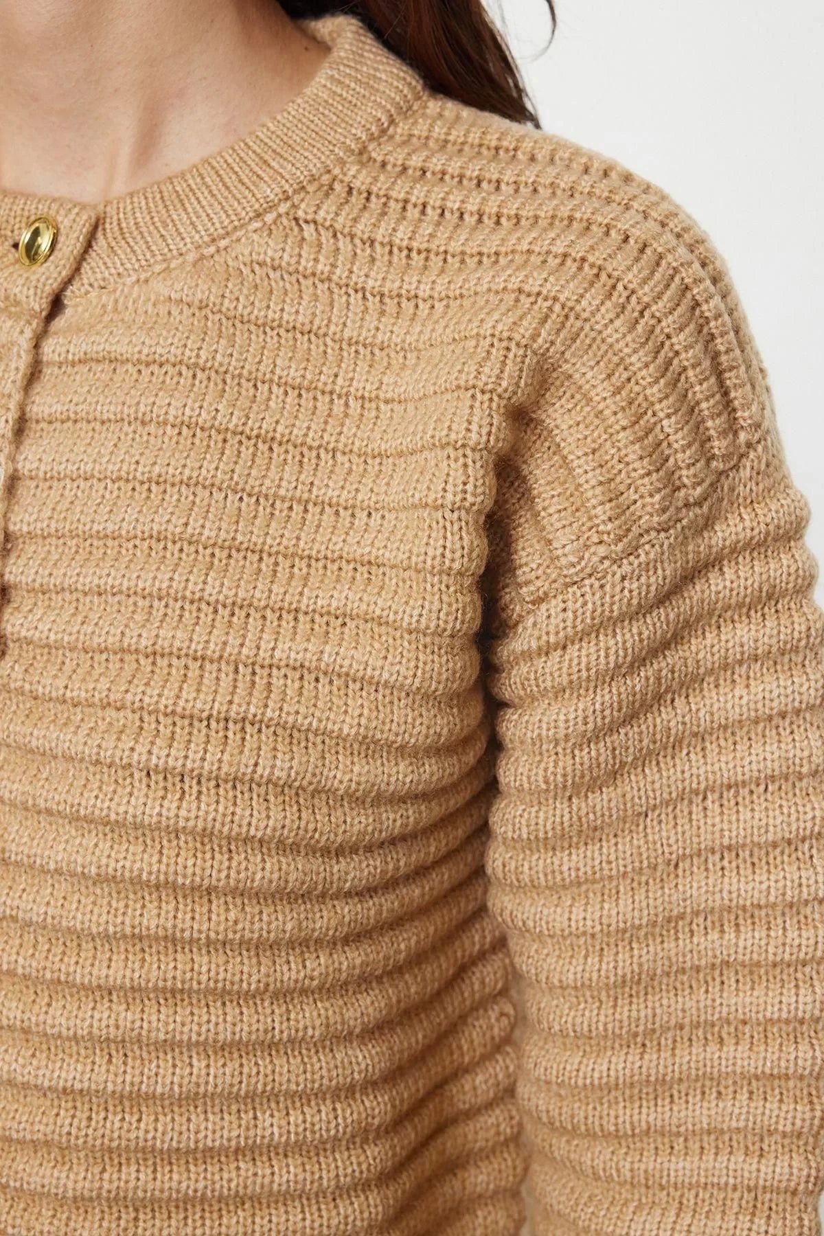 Women Fashion Stylish Regular Crew Neck Regular Textured Jacket Look Knitwear Cardigan