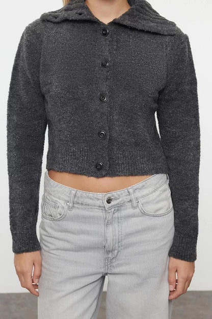 Women Fashion Stylish Crop Stand Collar Regular Crop Boucle Knitwear Cardigan