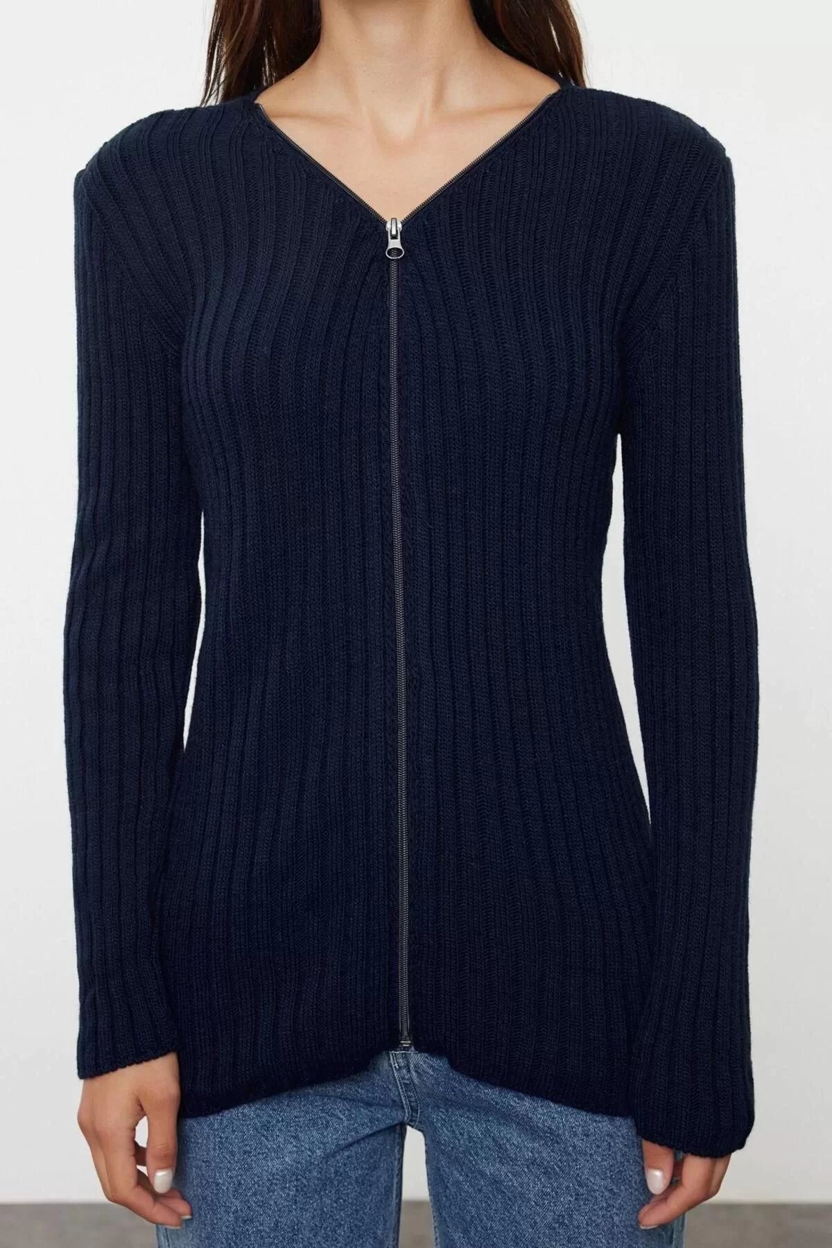 Women Fashion Stylish Midi V Neck Slim Basic Zippered Ribbed Knitwear Cardigan