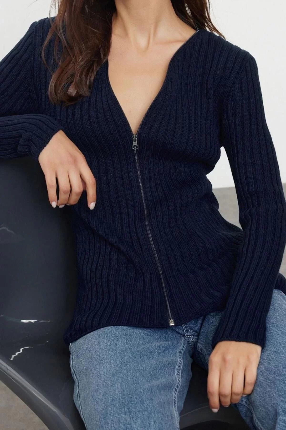 Women Fashion Stylish Midi V Neck Slim Basic Zippered Ribbed Knitwear Cardigan