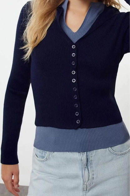 Women Fashion Stylish Regular V Neck Slim Double Knitted Cardigan